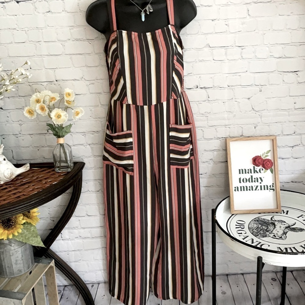 Xhilaration brown/coral Striped Romper Jumpsuit size small